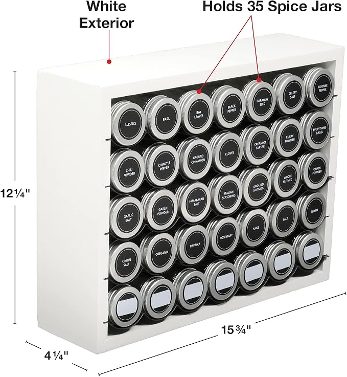 Excello Global Products Hanging Spice Rack - Includes 35 Glass Spice Jars and Accessories (White)