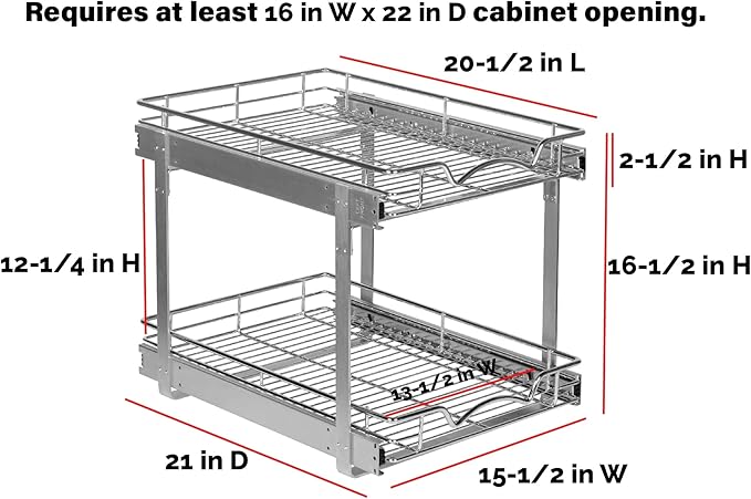 HOLDN’ STORAGE Pull Out Cabinet Organizer 2 Tier – Heavy Duty Metal with Lifetime Limited Warranty -Anti Rust Chrome Finish - 15.5" W x 21" D x 16.5" H