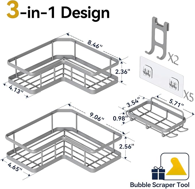 YASONIC Corner Shower Caddy Organizer, 3-Pack Self-Adhesive Rustproof Bath Shelves with Soap Holder & 4 Hooks, Large Capacity Shower Storage Rack for Bathroom Organization, Grey