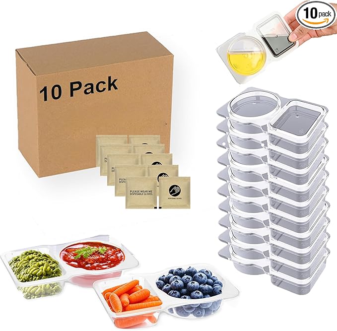 10 Sets Double Compartment Condiment Container for Dip, Sauce, Sampling and Travel Snacks (Includes 5 Pairs Disposable Gloves)