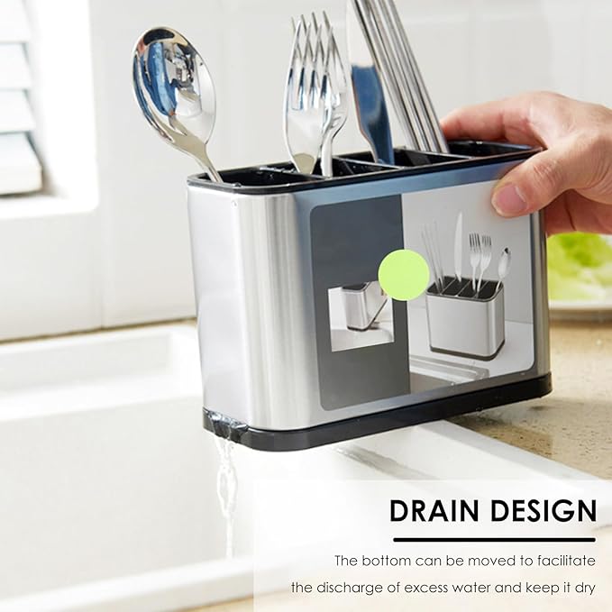 2PCS Silverware Cutlery Organizer, Stainless Steel Kitchen Utensil Holder with 4 Compartments for Counter, Caddy Organizer for Faltware Spoon Fork and Tool