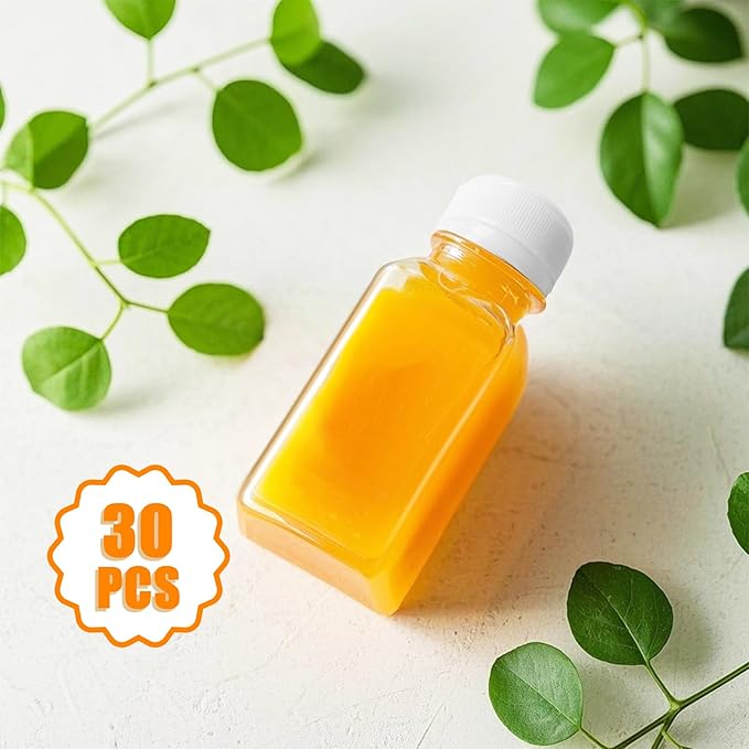 30Pcs 2 Oz Empty Plastic Juice Bottles with Caps,Reusable Clear Bulk Beverage Containers with Tamper Evident Lids ,Transparent Square Bottle for Juice,Drinking,Liquor,DIY,Wedding,Party,Travel(White)