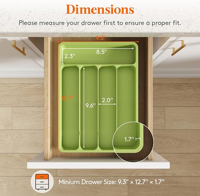 Lifewit Silverware Organizer with Lid, Covered Utensil Tray for Kitchen Drawer and Countertop, Plastic Cutlery and Flatware Storage Box for Spoons Forks Knives Holder Case, 5 Compartments, Green