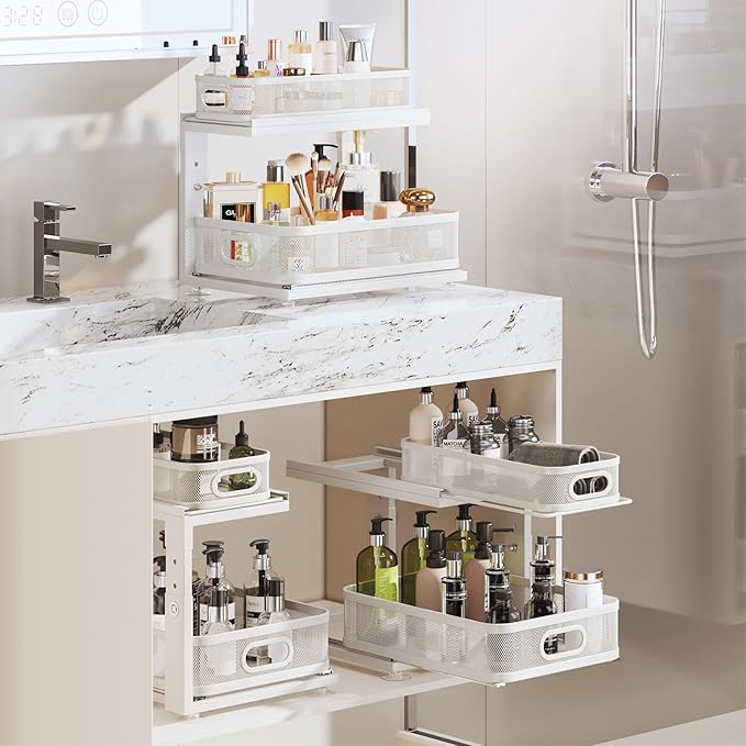 2 Pack Under Sink Organizer With Next-Gen Ball-Bearing Slides,2-Tier Precision Mesh Pull Out Cabinet Drawers Storage for Bathroom&Kitchen,Height Adjustable Shelf,Rust-resistant-Patent Pending