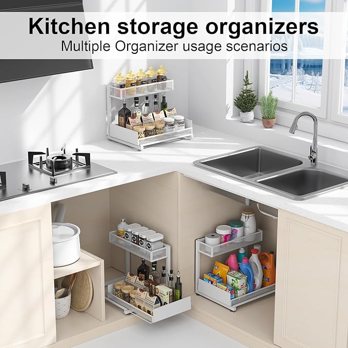 2 Pack Under Sink Organizer and Storage, 2 Tier Pull Out Cabinet Organizer, Slide Out Under Sink Storage Shelf, Undersink Organizers Shelves for Kitchen Bathroom Pantry Organization (White)