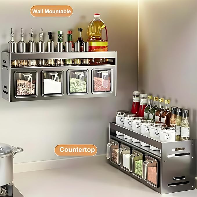 Kitchen Spice Rack, Kitchen Organizer and Storage Rack, Spice Organization for Cabinets Punch-free Wall/Countertop Home Decor Multifunctional Double Layer 4 Grid Condiment Rack, Gray