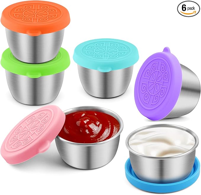 FUNFERY Salad Dressing Container To Go,6x1.6oz Stainless Steel Small Condiment Containers with Lids,Condiment Cups LeakProof Dipping Sauce Cups,Reusable Salad Dressing Container for Lunch Bento Box