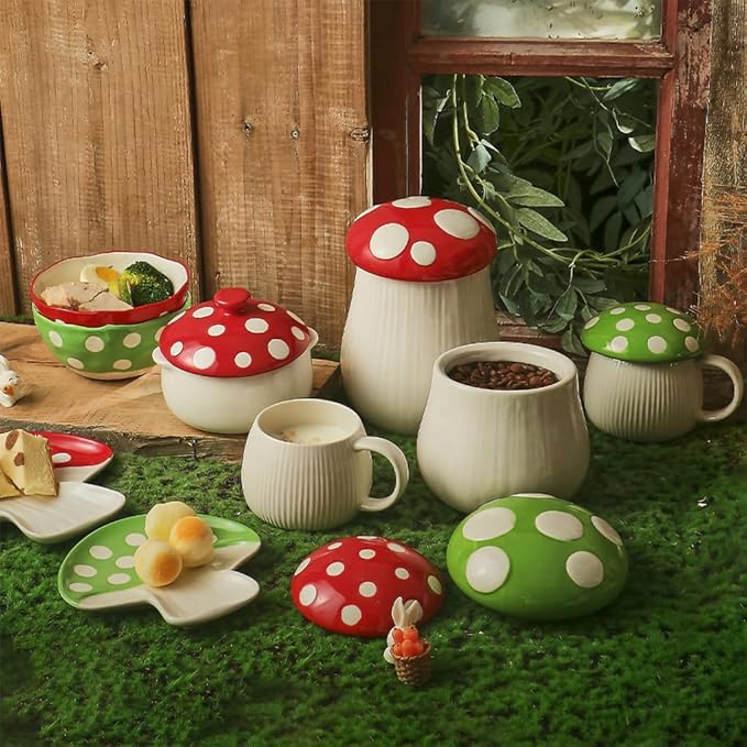 WAIT FLY Mushroom Shaped Ceramic Coffee Bean Storage Container, Tea Canister, Food Storage Jar for Tea, Coffee, Spices, Sugar, Candy, Cookies-Red-43 OZ