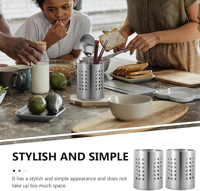 DOITOOL 2PCS Stainless Steel Kitchen Utensil Holders for Countertop Spoon Holder Silverware, Chopsticks Holder Spoon and Fork Holder for Restaurant (10X10X17CM)