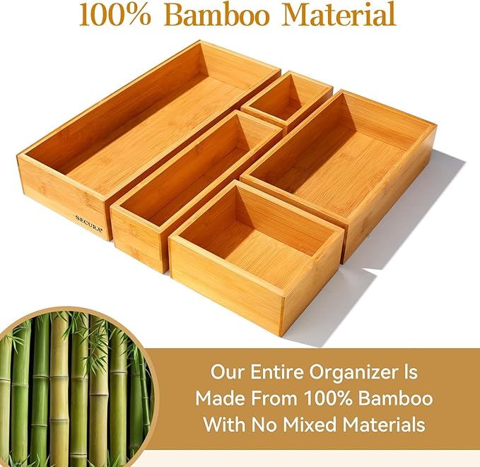 Secura Kitchen Drawer Utensil Organizer Box Set ๐ฑ ๐ฃ๐ฎ๐ฐ๐ธ, Bamboo Utensil Holder Cutlery Makeup Silverware Jewelry Flatware Organization Tray for Kitchen, Bathroom, Office and Living Room