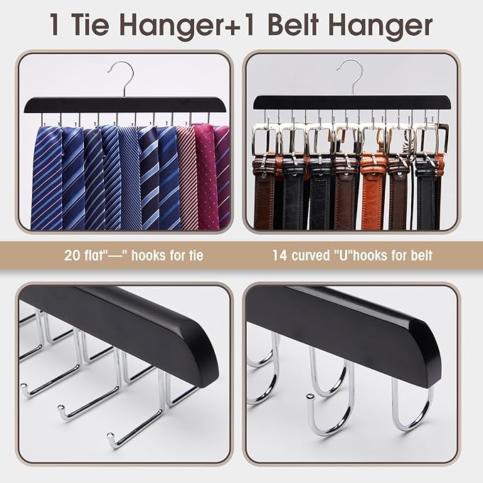 1 Tie Rack & 1 Belt Hanger for Closet, Wooden Tie Hanger for Men with 20 Hooks & Belt Organizer with 14 Hooks, 2 Pack Multi Functional Storage Organizer, Space-Saving