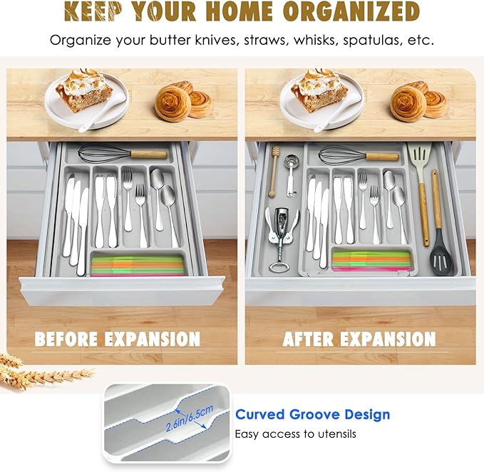 FANCILLA Silverware Organizer for Kitchen Drawers, Wheat Straw Large Expandable Utensil Drawer Organizer, BPA Free Adjustable Cutlery Holder, Dishwasher Safe Flatware Tray, 6-8 Slots (Gray)