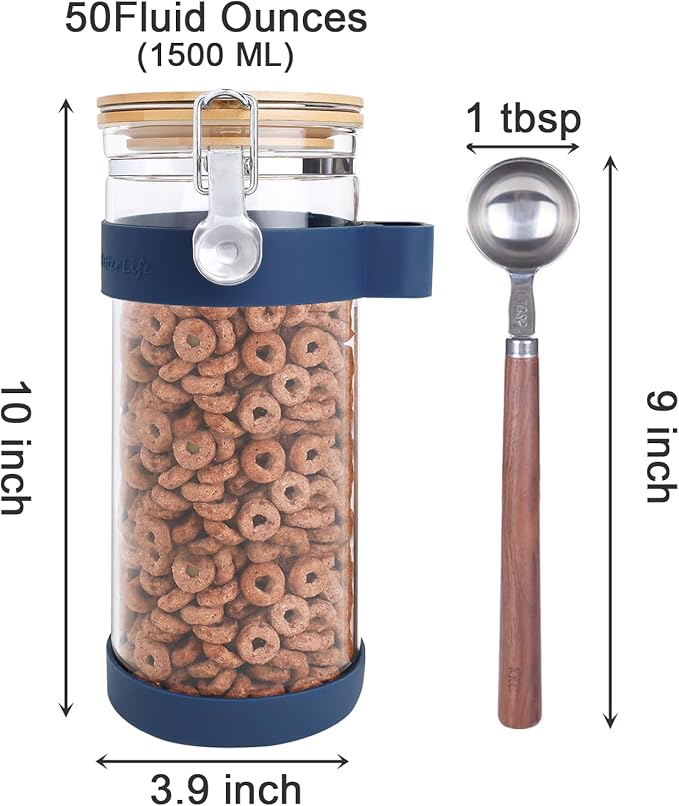 KKC HOME ACCENTS Sealed Glass Food Storage Container with Airtight Lid and Scoop for Cereal,Flour,Brown Sugar,Coffee or Loose Tea,Glass Sealed Jar Canister with Airtight Clamp Lid,50 fl oz