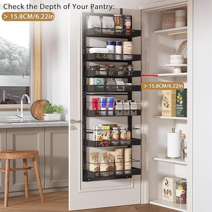 UMDONX Over The Door Pantry Organizer,7-Tier Pantry Organization and Storage with Adjustable Baskets,Metal Hanging Spice Rack with 2 Detachable Guardrails