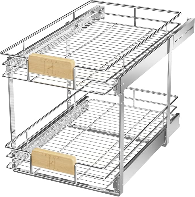 LOVMOR 2 Tier Pull Out Cabinet Organizer 13½" W x 21½" D, Slide Out Drawers with Wooden Handle, Sliding Shelves Organization and Storage for Kitchen, Pantry