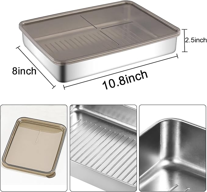 3Pack Bacon storage container for fridge,304 Stainless Steel Airtight Deli meat container/Kitchen Meat Saver Storage Container (2 Pack M+1 Pack L)