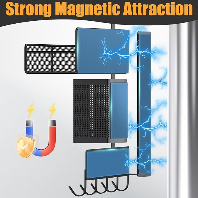 Magnetic Spice Rack for Refrigerator, 7 Pack Metal Shelf Black , Moveable Organizer with Hook Rack, Paper Towel Holder, Kitchenware Strong Storage Fridge