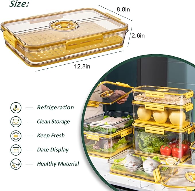 CottonColors Fridge Organizer, Food Storage Containers With Lids for Timer & Drain Board Stackable Refrigerator Organizers and Storage(Short, Large, 2 L)