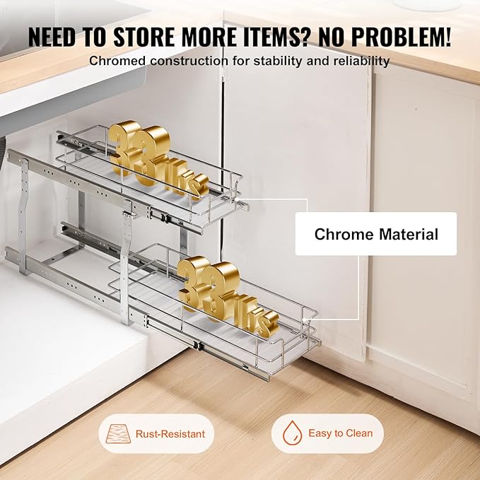VEVOR 8.5"W x 21"D Pull Out Cabinet Organizer, Heavy Duty Slide Out Pantry Shelves, Chrome-Plated Steel Roll Out Drawers, Sliding Drawer Storage for Home, Inside Kitchen Cabinet, Bathroom, Under Sink