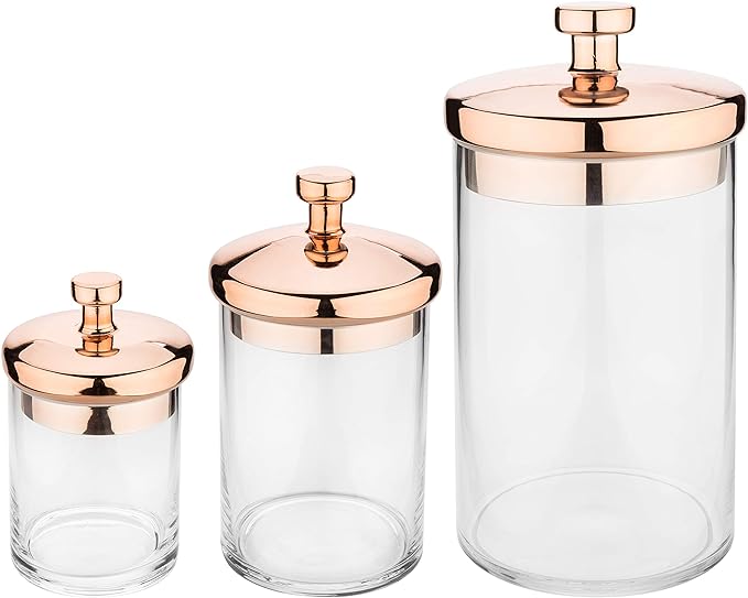 MyGift Glass Apothecary Cookie Jar Set with Copper Lid - Decorative Kitchen and Bath Storage Canisters, Wedding Centerpiece Jars, Candy Buffet with Lids