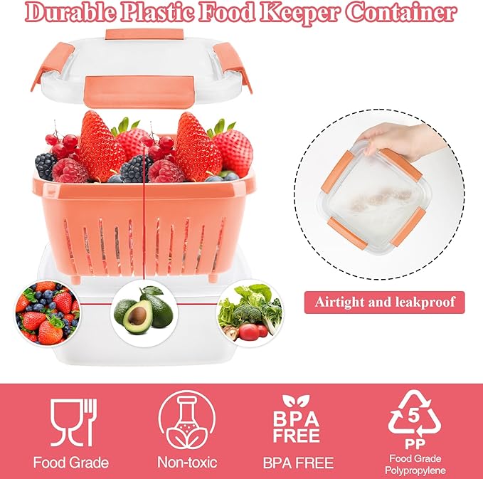shopwithgreen 50oz Berry Keeper Fruit Storage Container for Fridge, Fresh Food Produce Saver Containers with Removable Drain Colanders and Lid, Vegetable Lettuce Keeper Bowl for Refrigerator Organizer