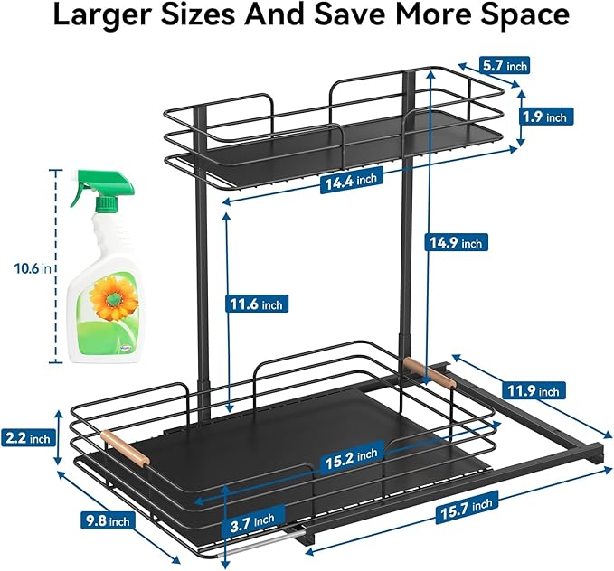 LAMU Under Sink Organizers and Storage, 2 Tier Bathroom Kitchen Cabinet Organizers, Pull Out Under Sink Storage Kitchen Shelf Organizer for Under Counter Storage