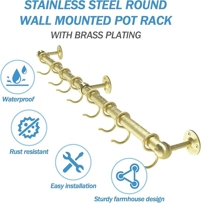 ROTHLEY Stainless Steel Pot and Pan Hanger - 39.4 Inch Wall Mounted Hanging Pots and Pans Rack for Kitchen Wall Rail with Hooks (Brass)