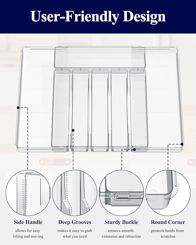 Kitsure Silverware Organizer - 8 Slots Expandable Drawer Organizer for Utensils & Cutlery, Multipurpose Kitchen Organizers and Storage Solution, Clear, 21.3" x 14.5" x 1.8"