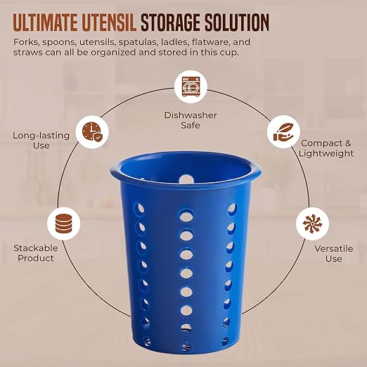 OCS Parts Perforated Utensil Drying Cups | Blue | Set of 3 | Plastic Flatware Holder Cylinders for Kitchen Counter Organization