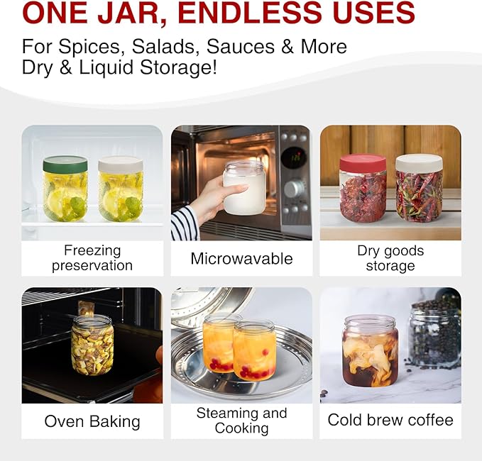 16oz Borosilicate Glass Jars with Lids - Freezer to Oven Safe (-4°F to 446°F), Airtight Meal Prep Containers for Overnight Oats, Snacks, Coffee,Microwave & Dishwasher Safe (6pack)