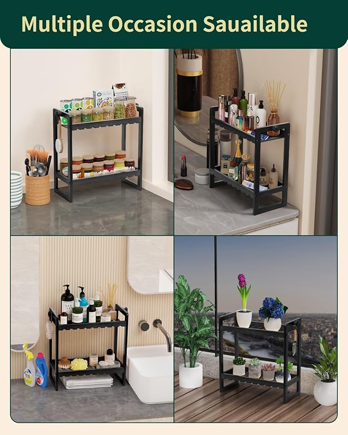 Countertop Organizer, Bamboo Spice Rack Organizer for Pantry, 2 Tier Kitchen Counter Shelf, Coffee Station Organizer,Black