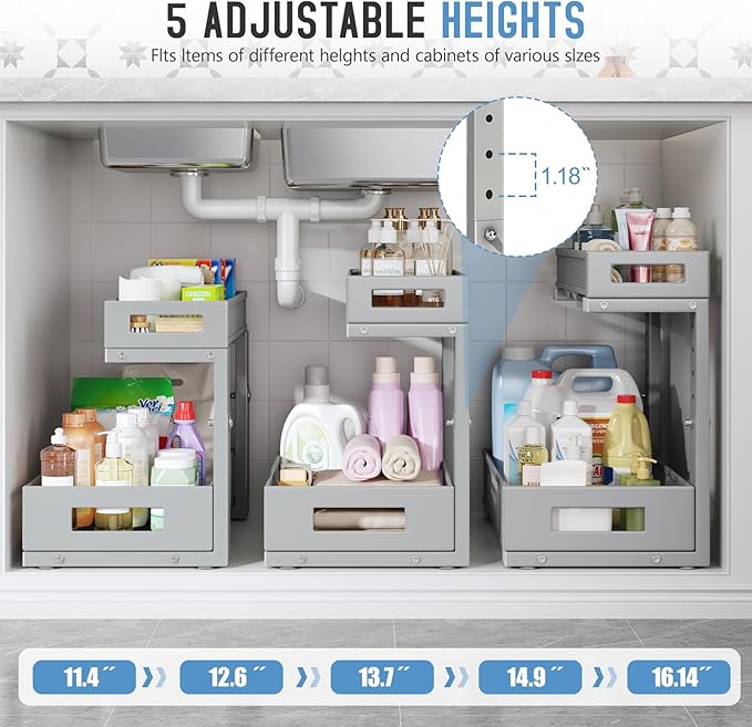2-Pack Under Sink Storage Organizer, Large 2-Tier Elegant Mesh Pull Out Shelf for Kitchen and Bathroom Cabinet Organization, L-Shaped and Adjustable Height Design-Gray