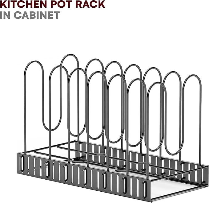 Vdomus Pot Rack Organizer with 3 DIY Methods, Black Metal Kitchen 8+ Pots Holder, Height and Position are Adjustable Cabinet Pantry Pot Lid Holder (Upgraded)