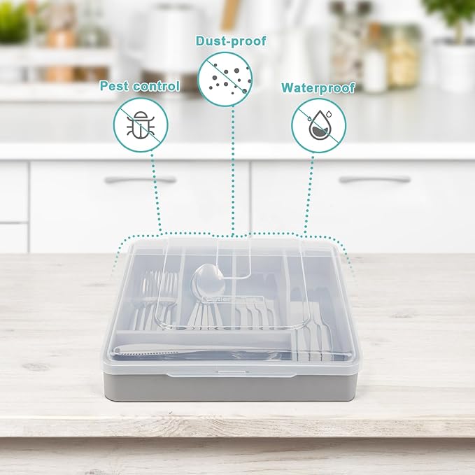 Bamboo Silverware Tray with Lid, Utensil Drawer Organizer for Kitchen Countertop, Wooden Flatware Organizers and Storage Holder, Bamboo Grey