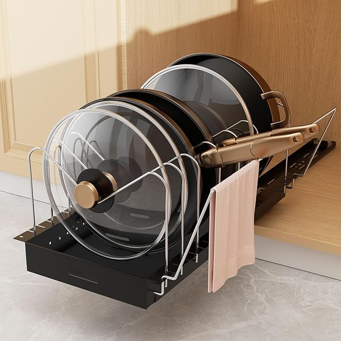 Golener Pots and Pans Organizer Under Cabinet - Pull Out Pot Pan Organizer Cabinet Pro, Pot Lid Holder for Kitchen, Slide Out Cabinet Organizer with Adjustable Dividers, Handles Bracket and Pull Shelf