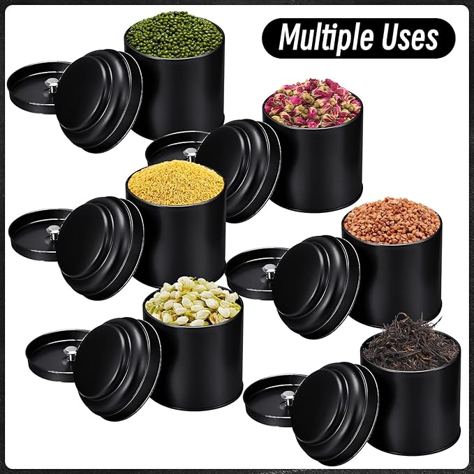 12 Pcs Tea Tin Canister with Airtight Double Lids 8 oz Round Tin Can Box Small Kitchen Tea Canister Loose Leaf Storage Containers for Loose Bags Coffee Sugar Candy Spices(Black)