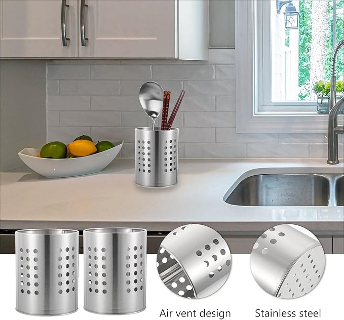 DOITOOL 2PCS Stainless Steel Kitchen Utensil Holders for Countertop Spoon Holder Silverware, Chopsticks Holder Spoon and Fork Holder for Restaurant (10X10X17CM)