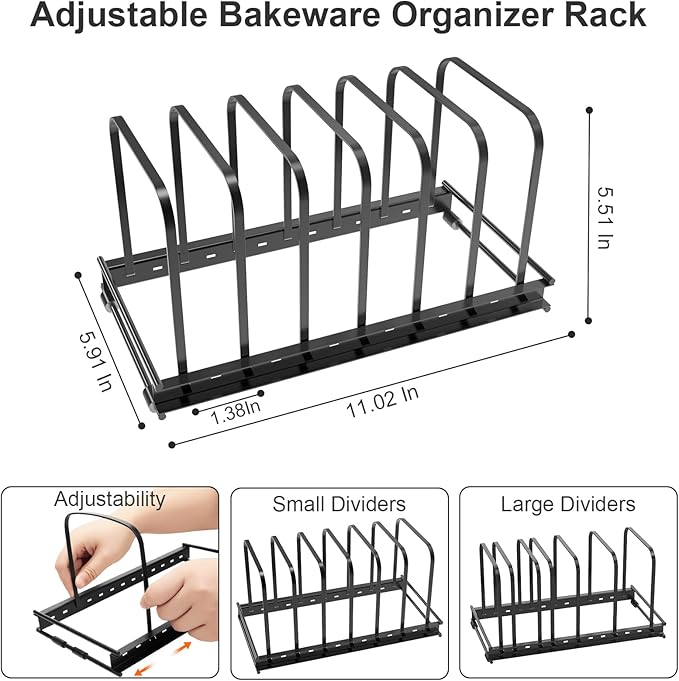 Cutting Board Organizer, 1Pcs Metal Bakeware Organizer Rack Holder Adjustable 7 Slots kitchen Cabinet Storage Rack for Cookie Cooking Sheet, Pan, Pot, Lids, Molds Cookware, 11.02x 5.91x5.51