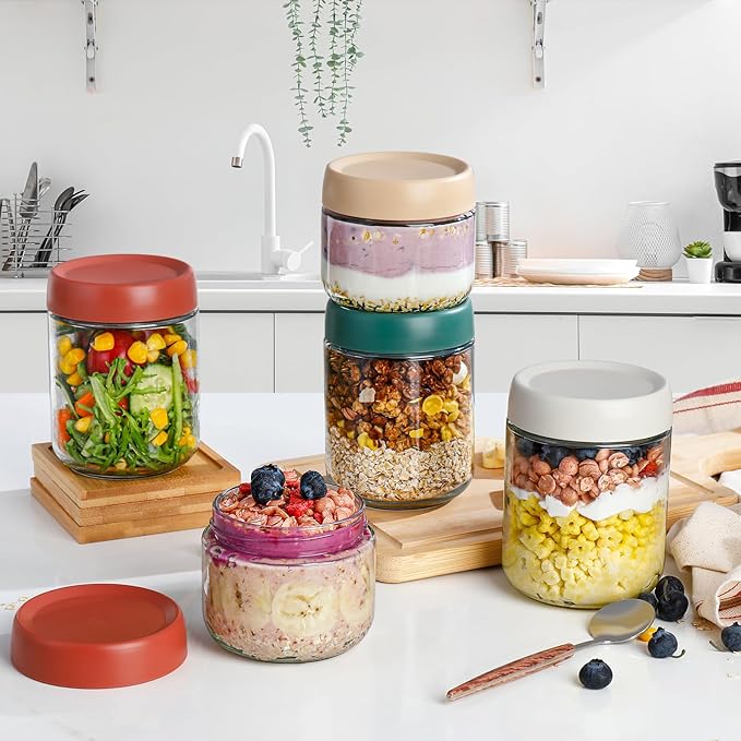 DIMBRAH Overnight Oats Containers with Lids, Mason Jars 16 oz with Lids - Set Of 4, Glass Jar with Lid, Practical Oatmeal Container to Go, Chia Seed Pudding Jars