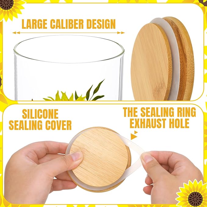 Layhit 3 Pcs Sunflower Glass Canister Set Clear Lemon Kitchen Storage Jars with Airtight Bamboo Lid for Coffee Bean Cookie Candy Tea Flour