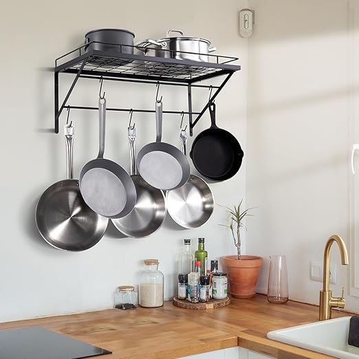 VEVOR Pot Rack Wall Mounted, 24 inch Pot & Pan Hanging Rack with 12 S Hooks, 55 lbs Loading Weight, Ideal for Cookware in Kitchen