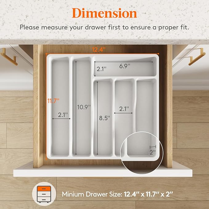 Lifewit Silverware Drawer Organizer Tray, Plastic Cutlery Storage for Kitchen Drawer, Flatware and Utensil Holder Divider for Spoons Forks Knives Tableware, 6 Compartment, White