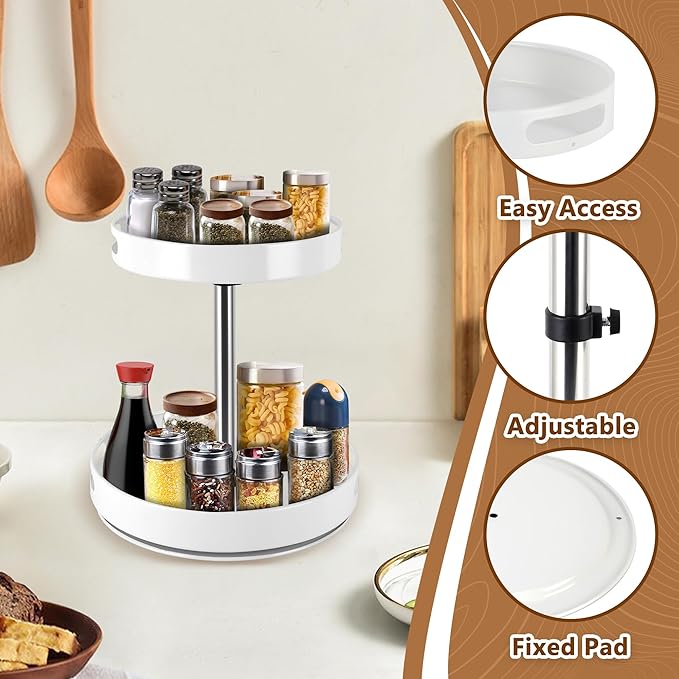 Rack Lazy Susan Organizer, 2 Tier Height Adjustable Rotating Lazy Turntable Organization for Cabinet Kitchen Table Pantry Countertop Refrigerator Cupboard Storage(White, 12 inch)