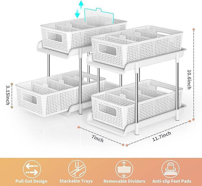Bathroom Organizer with Dividers, 2Pcs 2 Tier Stackable Under Sink Organizers and Storage Cabinet Organizers for Bathroom Kitchen Pantry Organization and Storage, Medicine Cabinet Organizer