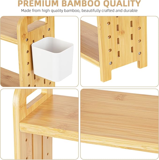 Spice Rack with Pegboard & Accessories for Kitchen Counter, Desk Organizer for Corner, Plants Rack 2-Tier, Kitchen Counter Shelf with Plastic Storage Box, Bamboo