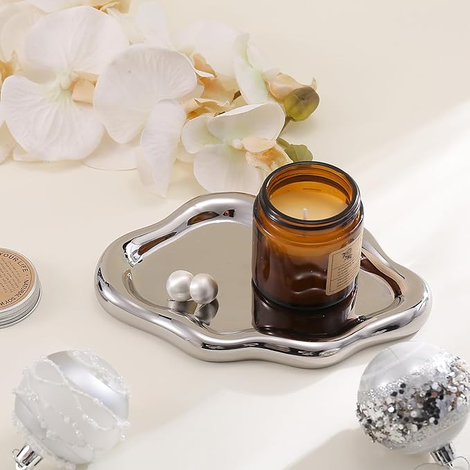 Ceramic Jewelry Tray Trinket Dish, Decorative Cloud Vanity Key Tray for Women, Ring Holder Dish, Cute Jewelry Plate Bowl Room Decor Aesthetic, Silver, Large