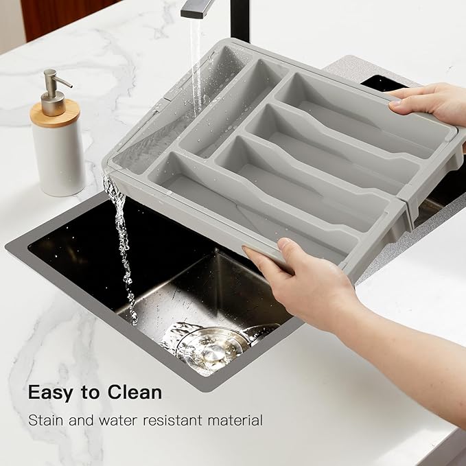 Pipishell Silverware Drawer Organizer, Expandable BPA-Free Kitchen Utensil Storage Tray for Forks, Spoons and Knives, Grey Plastic Cutlery Holder