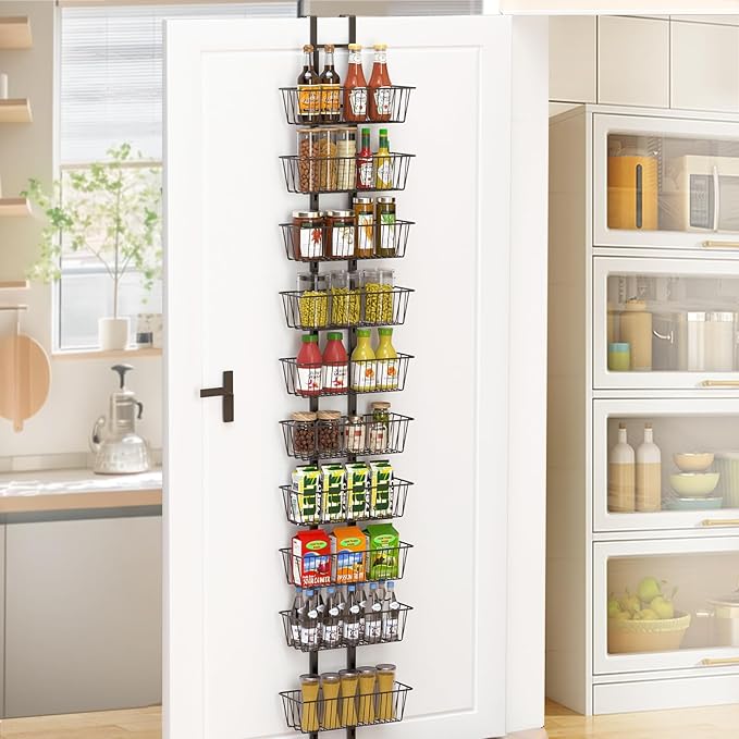 10 Tier Over the Door Pantry Organizer, Over the Door Spice Rack with Adjustable Baskets, Metal Hanging Door Pantry Organizers and Storage for Kitchen Bathroom Bedroom, Black