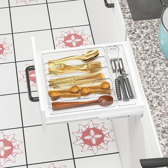 Clear Silverware Organizer for Kitchen Drawers,BPA Free Cutlery Drawer Organizer,6 Slots Plastic Utensils Organizer Suitable as In-Drawer Silverware Holder and Tray,Flatware,Knife,Fork,Spoon Organizer