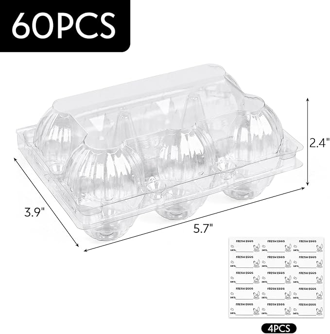 HANSGO Clear Egg Cartons Bulk, Half Dozen 6 Count Empty Egg Carton Storage Containers for Home Ranch Chicken Farm Market Display, 60 PCS
